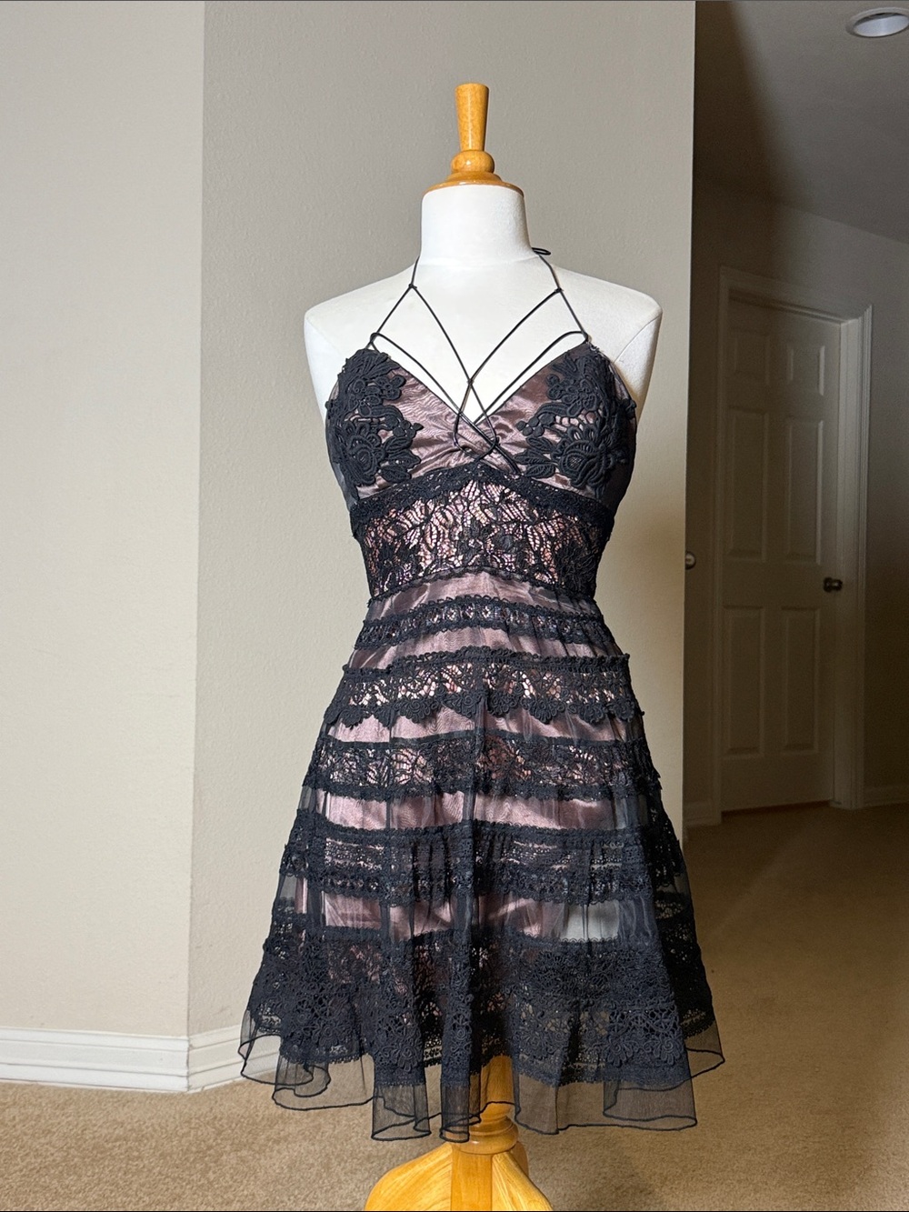 bebe Black Lace Overlay Pink Slip Halter Dress